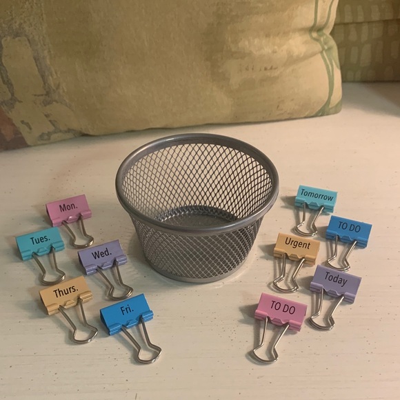 Other - 10 PC Colorful Binder Clips with Silver Tone Mesh Holder